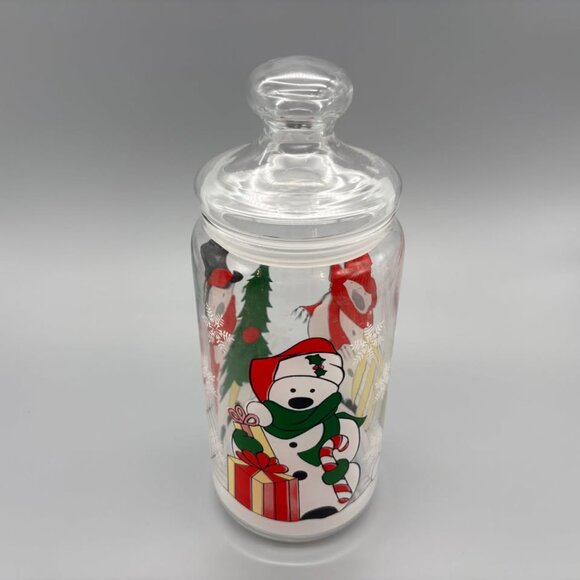 Vintage Glass Christmas Jar with Snowman Design and Lid Holiday Kitchen Storage - Picture 2 of 5